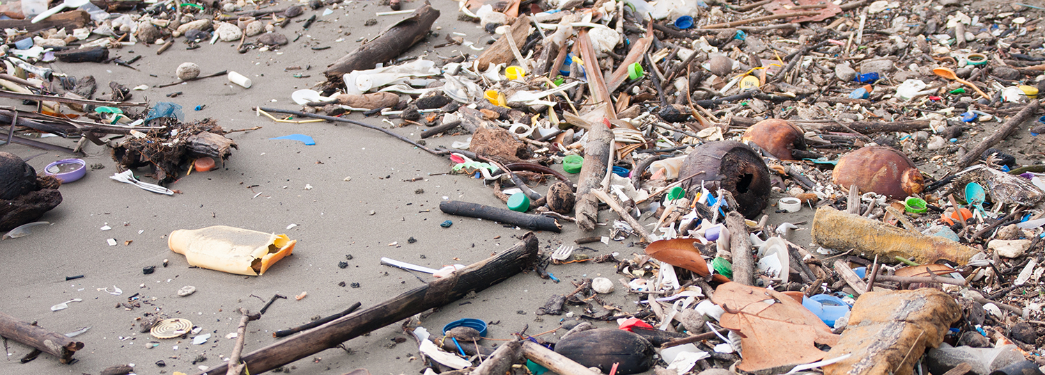 Strandvervuiling. Plastic flessen en ander afval op overzees strand van Livingston, Guatemala.